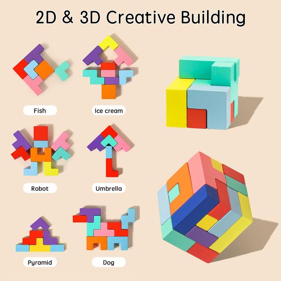 VORHOT Tetris 3D-Puzzle aus Holz, für Kinder, Intelligenz, Puzzle, mit 30 bunten russischen Blockformen, Montessori Puzzle 3 4 5 Jahre, Gehirn mit Kopf, STEM, Lernspiele, Geschenk für Jungen und