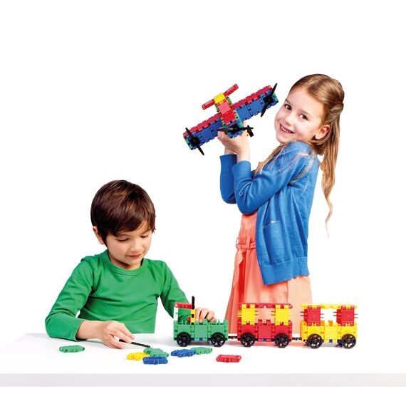 Clics Konstruktionsspielzeug für Kinder ab 3 Jahre, kreatives Lernspielzeug im 160 Teile Set, Bausteine für Mädchen und Jungen, Montessori STEM-Spielzeug, Starterset im Eimer 8 in 1,