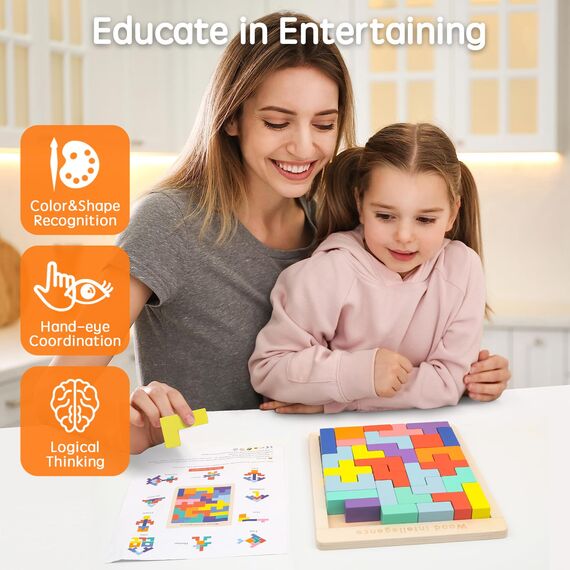 VORHOT Tetris 3D-Puzzle aus Holz, für Kinder, Intelligenz, Puzzle, mit 30 bunten russischen Blockformen, Montessori Puzzle 3 4 5 Jahre, Gehirn mit Kopf, STEM, Lernspiele, Geschenk für Jungen und