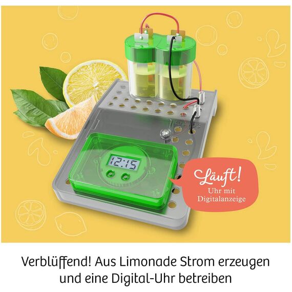 KOSMOS 658090 Limo-Uhr, Erzeuge Strom aus Limonade, Uhr mit Batterie selbst Bauen, Experimentierset für Kinder ab 8 Jahre zu Elektro-Chemie, Experimentierkasten, kleines Geburtstagsgeschenk