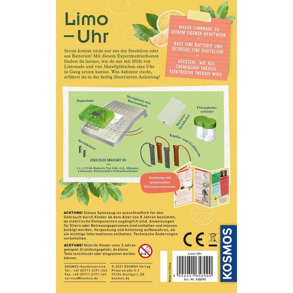 KOSMOS 658090 Limo-Uhr, Erzeuge Strom aus Limonade, Uhr mit Batterie selbst Bauen, Experimentierset für Kinder ab 8 Jahre zu Elektro-Chemie, Experimentierkasten, kleines Geburtstagsgeschenk