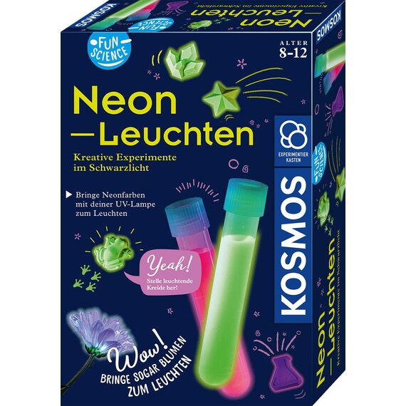 KOSMOS 654191 Fun Science - Neon-Leuchten, Kreative Experimente im Schwarzlicht, Experimentier-Set für Kinder ab 8 Jahre