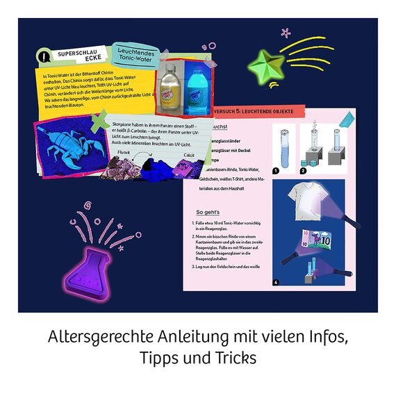KOSMOS 654191 Fun Science - Neon-Leuchten, Kreative Experimente im Schwarzlicht, Experimentier-Set für Kinder ab 8 Jahre