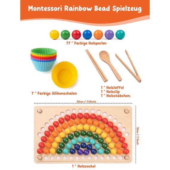 KidMigo Montessori Spielzeug, Rainbow Bead Game, Holz Clip Brettspiel, Puzzle Board, Kinder Hände Augen Gehirn Training, Ab 3 Jahr, Vorschule Geschenk für 3 4 5 6 Jahre