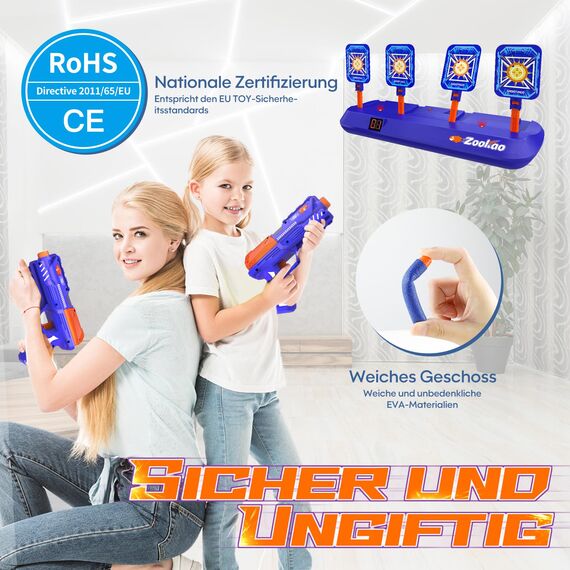 Zookao Spielzeug Pistole für Kinder, Automatische Zielscheiben Digitale Ziele für Nerf Gun Spielzeug Ab 6 7 8 9 10 11 12 Jahre Junge Mädchen Halloween Weihnachten Geschenke Junge 6-12 Jahre, Blau