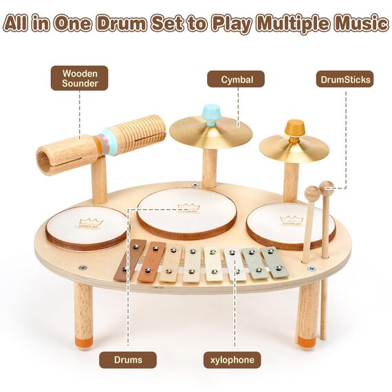 Vanplay Kinderspielzeug ab 3 Jahre Schlagzeug Kinder Trommel 9 In 1 Holzspielzeug Musikinstrumente Montessori Spielzeug Geschenk 3 4 5 6 Jahre Junge Mädchen