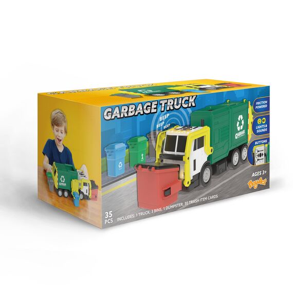 JOYIN Müllauto Spielzeug mit Lichtern und Sound,40cm Großer Müllwagen Spielzeug ab 3 4 5 6 7 Jahre,Müllabfuhr Auto Kinder mit Frontlader-Mülltonne, 3 seitlichen Mülleimern mit 30 Stück (Grün)