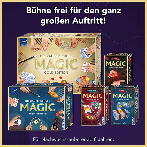 Kosmos 698232 Zauberschule Magic Gold Edition, 150 ZauberTricks von leicht bis anspruchsvoll, viele magische ZauberUtensilien, Zauberkasten für Kinder ab 8 Jahre