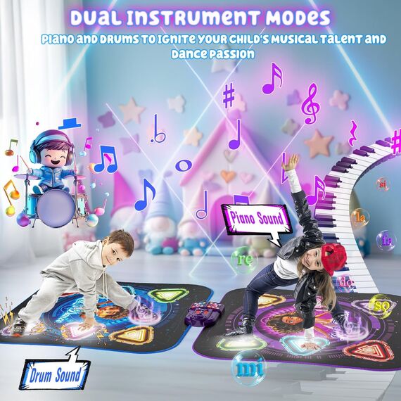 Tanzmatte für Kinder, 2025 2-Spieler & Wiederaufladbar Leucht Tanzmatte mit Bluetooth, Einzel und Doppelt von Angesicht zu Angesicht Modi, Musik Spielzeug Geschenke für Jungen Mädchen 3-12 Jahre