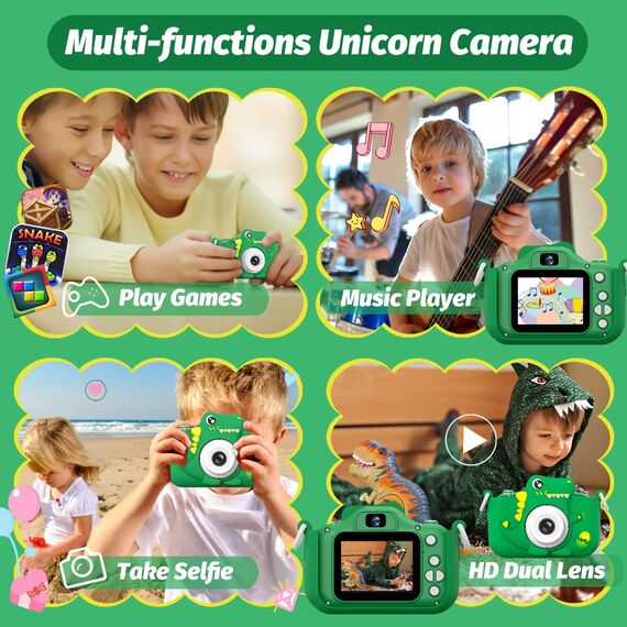 HOOMOON Dinosaurier Kamera, Selfie-Kamera, Spielzeug, Mädchen, Jungen, SD-Karte 32 GB, HD-Videorekorder 1080p, Weihnachtsgeburtstagsgeschenke für 3 4 5 6 7 8 9 10 Jahre Kinder