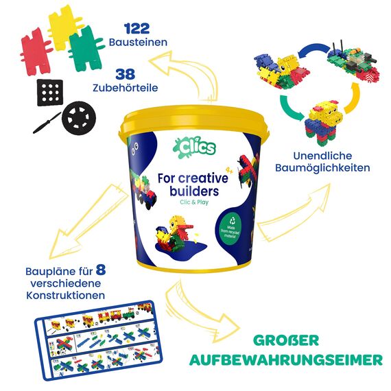 Clics Konstruktionsspielzeug für Kinder ab 3 Jahre, kreatives Lernspielzeug im 160 Teile Set, Bausteine für Mädchen und Jungen, Montessori STEM-Spielzeug, Starterset im Eimer 8 in 1,