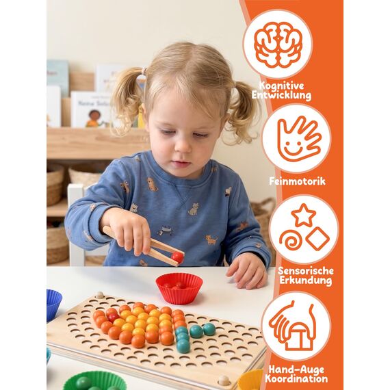 KidMigo Montessori Spielzeug, Rainbow Bead Game, Holz Clip Brettspiel, Puzzle Board, Kinder Hände Augen Gehirn Training, Ab 3 Jahr, Vorschule Geschenk für 3 4 5 6 Jahre