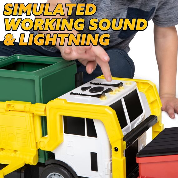 JOYIN Müllauto Spielzeug mit Lichtern und Sound,40cm Großer Müllwagen Spielzeug ab 3 4 5 6 7 Jahre,Müllabfuhr Auto Kinder mit Frontlader-Mülltonne, 3 seitlichen Mülleimern mit 30 Stück (Grün)