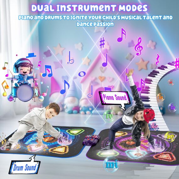 Tanzmatte Geschenk für Kinder, 2-Spieler & 12-Tasten Leucht-Tanzmatte mit Bluetooth, Einzel und Doppelt von Angesicht zu Angesicht Modi, Musik Spielzeug Geschenke für Jungen Mädchen Kinder 3-12 Jahre