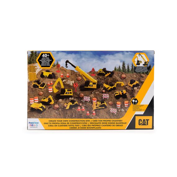 CAT® Construction Little Machines Mega-Set I Mit 40 Teilen I Enthält Fahrzeuge, einen Kran, Verkehrsschilder, Kegel, Blöcke und Zylinder I Für Kinder ab 3 Jahren, Yellow