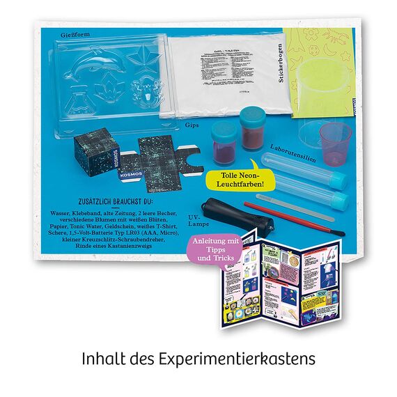 KOSMOS 654191 Fun Science - Neon-Leuchten, Kreative Experimente im Schwarzlicht, Experimentier-Set für Kinder ab 8 Jahre