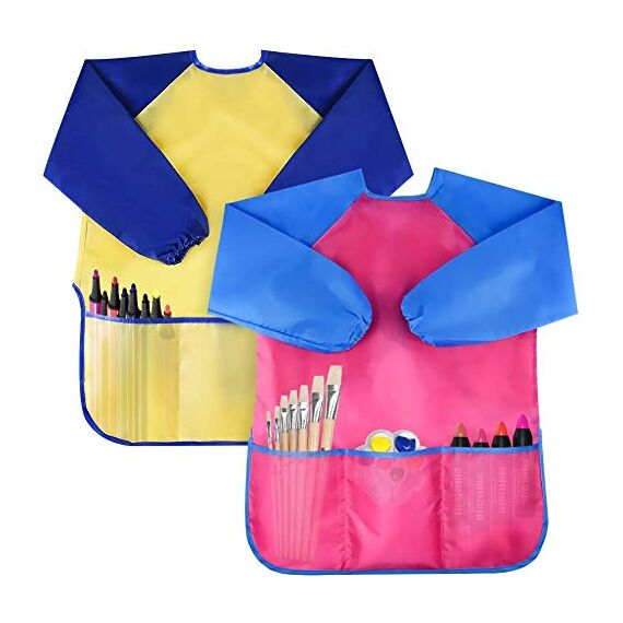Amaza Malschürze Kinder,4Pcs Wasserdicht Malkittel Kinder 2-8 Jahre mit Ärmeln und 3 Taschen, Klettverschluss Bastelschürze, Kinderkittel Malen fur Schule,Malen,Basteln (Blau & Rot & Gelb & Rosa)