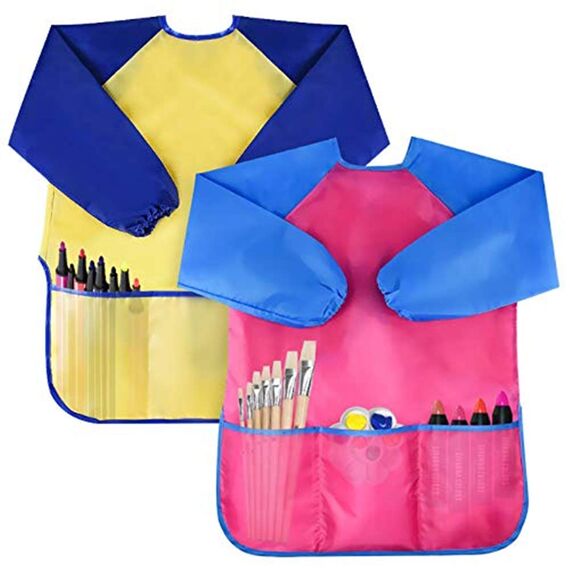 Amaza Malschürze Kinder,2Pcs Wasserdicht Malkittel Kinder 2-8 Jahre mit Ärmeln und 3 Taschen, Klettverschluss Bastelschürze, Kinderkittel Malen fur Schule,Malen,Basteln (Gelb & Rosa)