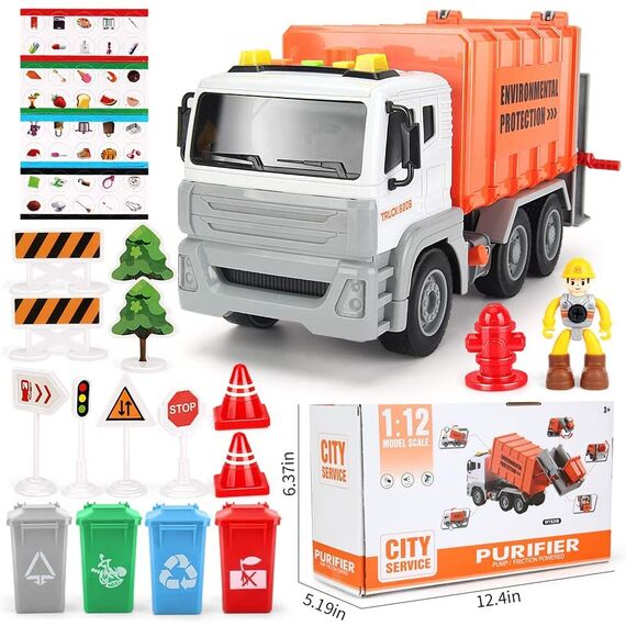 Anby families Müllwagen Spielzeug mit 4 Mülleimer Sound und Licht,Fahrzeuge Spielzeug für Kinder,Müllauto Geschenk ab 3 Jahre 4 Jahre 5 Jahre