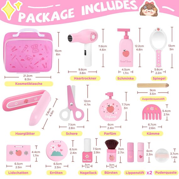 GAGAKU Holz Kinderschminke Set Mädchen Schminkkoffer Kinder 16-teiliges Schminke Friseur Beauty Set Frisierkoffer Spielzeug für Kinder Holzschminke Geburtstagsgeschenk ab 3 4 5 6 7 Jahre