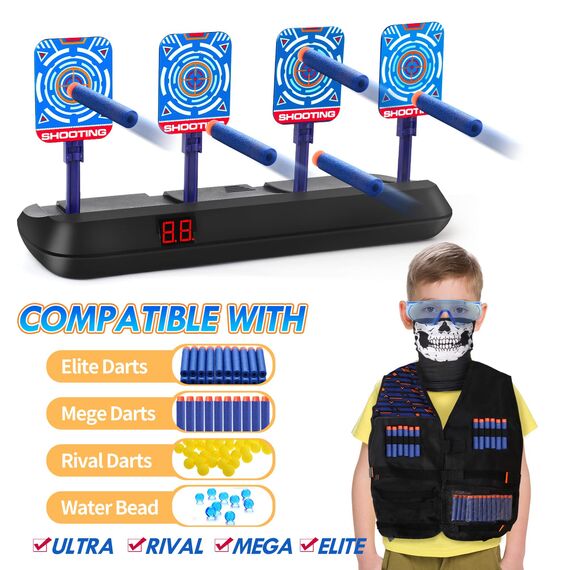 Lehoo Castle Zielscheibe für Nerf Pistole, Zielscheibe Elektrisch mit Nerf Weste, 60 Darts, Spielzeug ab 3 4 5 6 7 Jahre Jungen, Indoor & Outdoor Spiele für Kinder