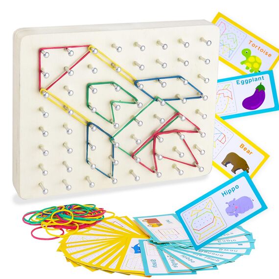 VingaHouse Montessori Spielzeug ab 3 4 5 6 Jahre -Geobrett- Geoboard Holz - Förderung des räumlichen Denkens und der Vorstellungskraft - EIN glückliches Geschenk für Kinder im Alter von 3+ Jahren