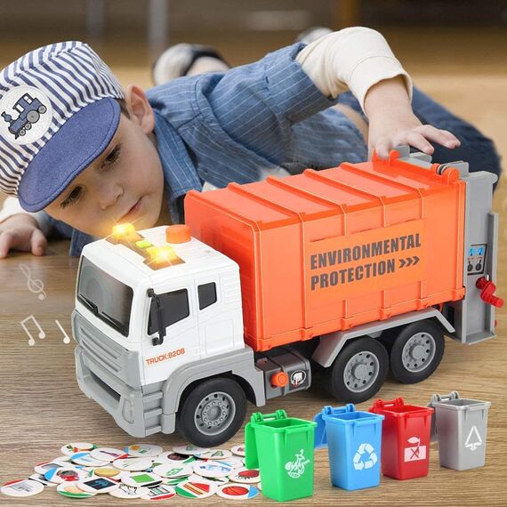Anby families Müllwagen Spielzeug mit 4 Mülleimer Sound und Licht,Fahrzeuge Spielzeug für Kinder,Müllauto Geschenk ab 3 Jahre 4 Jahre 5 Jahre
