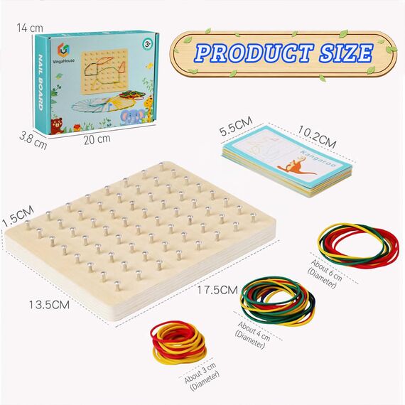 VingaHouse Montessori Spielzeug ab 3 4 5 6 Jahre -Geobrett- Geoboard Holz - Förderung des räumlichen Denkens und der Vorstellungskraft - EIN glückliches Geschenk für Kinder im Alter von 3+ Jahren