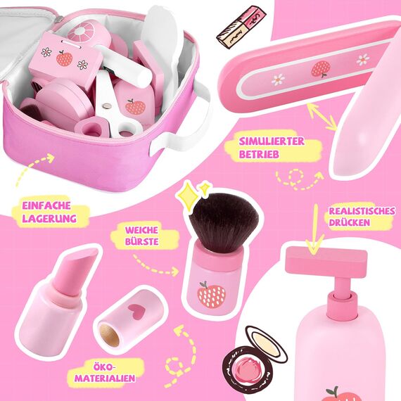 GAGAKU Holz Kinderschminke Set Mädchen Schminkkoffer Kinder 16-teiliges Schminke Friseur Beauty Set Frisierkoffer Spielzeug für Kinder Holzschminke Geburtstagsgeschenk ab 3 4 5 6 7 Jahre