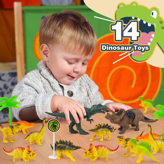 Dinosaurier Spielzeug ab 2 3 4 Jahre, Autorennbahn Kinderspielzeug Dino Spielzeug 3 4 5 6 Jahre Mit 14 Dinosaurier Spielze & Dino Cars für Rennbahn Autobahn Kinder Geschenk 2 3 4 5 6 Jahre Junge
