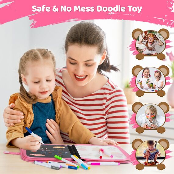 Abwischbares Malbuch für Kinder, Spiele ab 2-3-4-5-6 jahre Kinder, Malset Geschenk Mädchen/Junge, Doodle Pad mit 12 Farbstiften, 14 Seiten (Tierwelt)