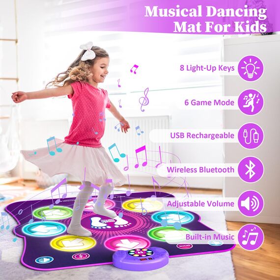LEAPRCSTORE Tanzmatte Kinder Geschenke für Mädchen Alter 3 4 5 6 7 8 9 10 11 12+ Jahre, Musikmatte mit 8 Led-Leuchten, 6 Modi, Wiederaufladbare Batterie, Geburtstag Weihnachten Spielzeug