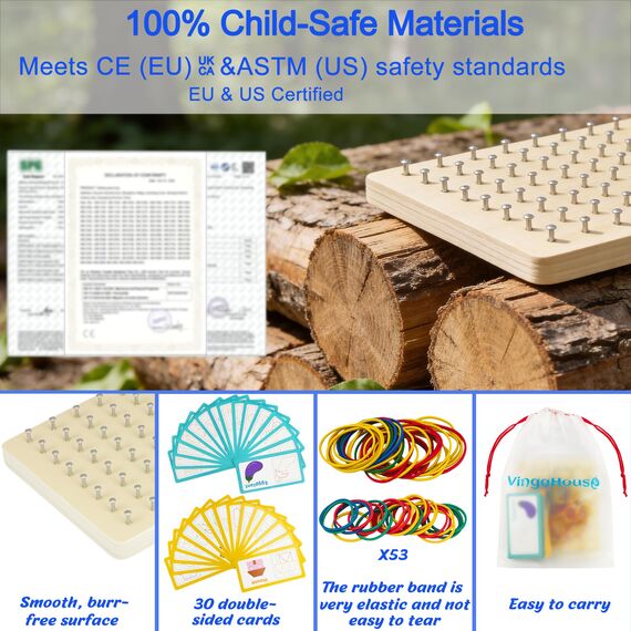 VingaHouse Montessori Spielzeug ab 3 4 5 6 Jahre -Geobrett- Geoboard Holz - Förderung des räumlichen Denkens und der Vorstellungskraft - EIN glückliches Geschenk für Kinder im Alter von 3+ Jahren