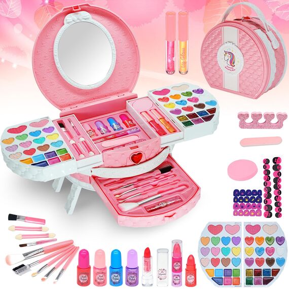 Kinderschminke Set Mädchen Spielzeug Geschenke - 66PCS Waschbar Schminkkoffer Kinder, Schminke Kinder Make Up Set Spiele, Toys for Girls Prinzessin Weihnachts Geburtstags Geschenke für Mädchen 4+Jahre