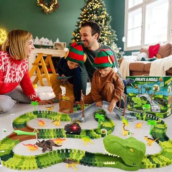 Dinosaurier Spielzeug ab 2 3 4 Jahre, Autorennbahn Kinderspielzeug Dino Spielzeug 3 4 5 6 Jahre Mit 14 Dinosaurier Spielze & Dino Cars für Rennbahn Autobahn Kinder Geschenk 2 3 4 5 6 Jahre Junge
