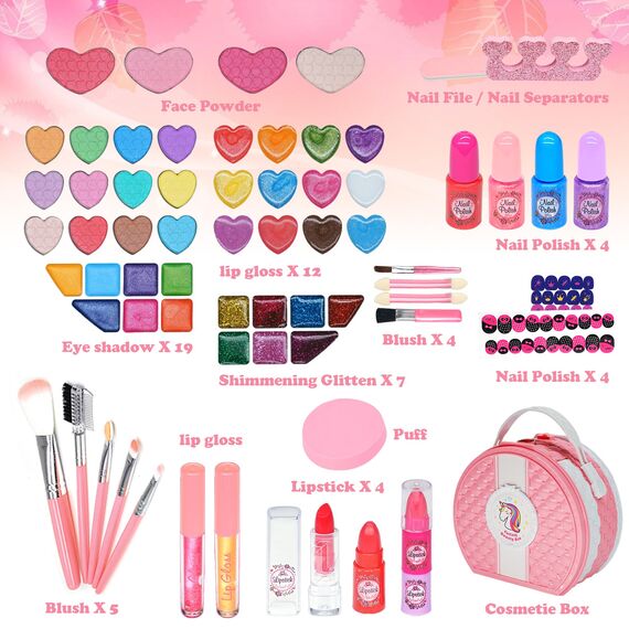 Kinderschminke Set Mädchen Spielzeug Geschenke - 66PCS Waschbar Schminkkoffer Kinder, Schminke Kinder Make Up Set Spiele, Toys for Girls Prinzessin Weihnachts Geburtstags Geschenke für Mädchen 4+Jahre