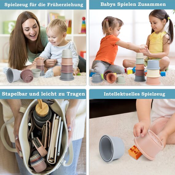 ZHUOYOU Stapelbecher Baby Spielzeug für 1 Jahre,8 Stück Kinder Stapelturm Badespielzeug Sandspielzeug Becher,Stapelspiel Lernspielzeug Geschenk für 6+ Monate Jungen und Mädchen