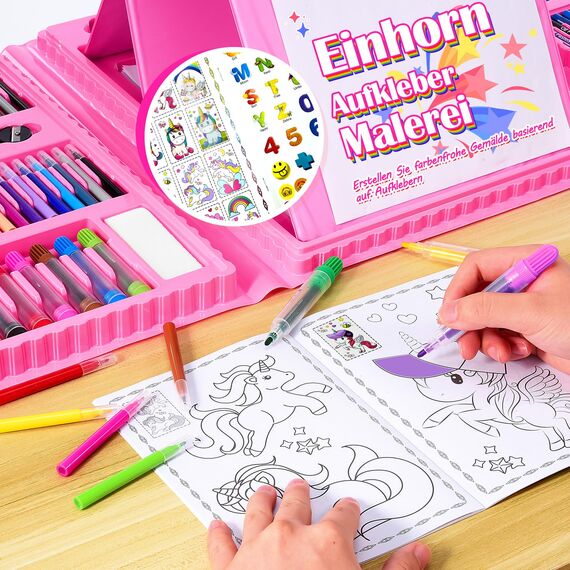 HappyGoLucky Geschenk Mädchen 4 5 6 7-10 Jahre, Malset für Kinder Einhorn Weihnachts Geschenke für Kinder Coole Sachen für Teenager Mädchen Buntstifte Set Wachsmalstifte Malkasten Mädchen Spielzeug