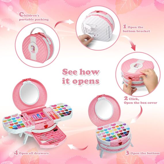 Kinderschminke Set Mädchen Spielzeug Geschenke - 66PCS Waschbar Schminkkoffer Kinder, Schminke Kinder Make Up Set Spiele, Toys for Girls Prinzessin Weihnachts Geburtstags Geschenke für Mädchen 4+Jahre