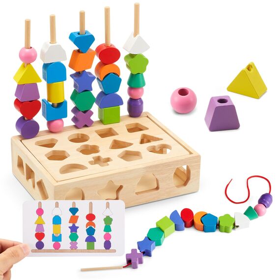 ZGIMI Montessori Spielzeug ab 3 4 5 Jahre Motorikspielzeug Fädelspiel Bausteine Sortierspiel für Kinder, Holz StapelspielFeinmotorik Lernspiele Geschenk für Baby Junge Mädchen