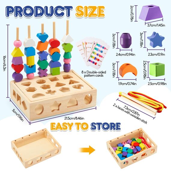 ZGIMI Montessori Spielzeug ab 3 4 5 Jahre Motorikspielzeug Fädelspiel Bausteine Sortierspiel für Kinder, Holz StapelspielFeinmotorik Lernspiele Geschenk für Baby Junge Mädchen