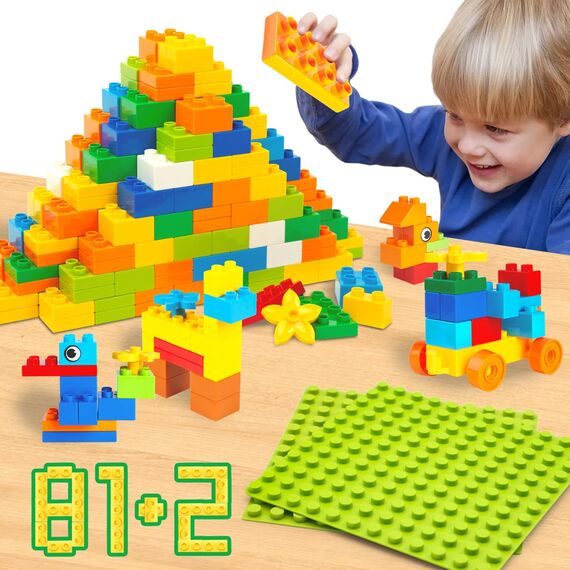 WYSWYG® Große Bausteine Set, 81 Stück Bausteine und 2 Bauplatten - Kompatibel, für Kinder ab 3-4-5-6 Jahre Buntes Starterset