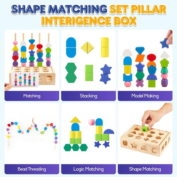 ZGIMI Montessori Spielzeug ab 3 4 5 Jahre Motorikspielzeug Fädelspiel Bausteine Sortierspiel für Kinder, Holz StapelspielFeinmotorik Lernspiele Geschenk für Baby Junge Mädchen