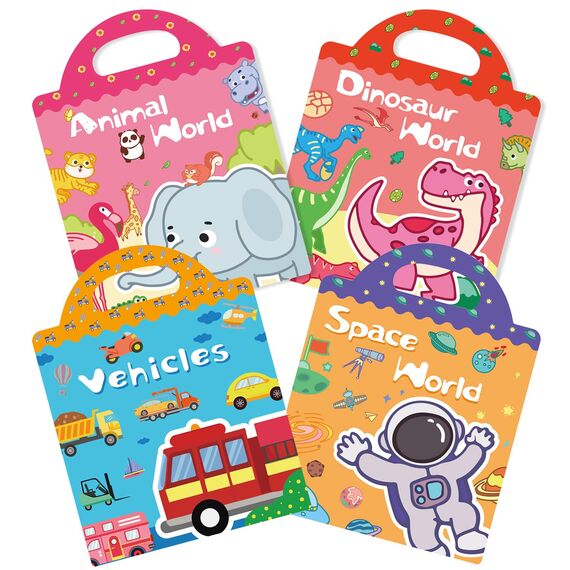 GUYUCOM Sticker Set 4 Stück - Wiederverwendbares Stickerbuch für Mädchen ab 2 Jahre, 3D Aufkleber Themen Enthält Dinosaurier, Tiere, Fahrzeuge und Raum, Kinder Geschenk Spielzeug für 2 3 4 5 6 jahre