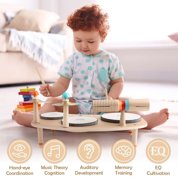 Vanplay Holzspielzeug Schlagzeug Kinder Trommel 8 In 1 Musikinstrumente Kinder Spielzeug ab 3 4 5 Jahre Junge Mädchen Montessori Spielzeug