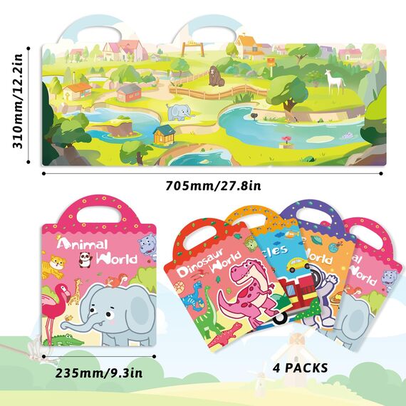GUYUCOM Sticker Set 4 Stück - Wiederverwendbares Stickerbuch für Mädchen ab 2 Jahre, 3D Aufkleber Themen Enthält Dinosaurier, Tiere, Fahrzeuge und Raum, Kinder Geschenk Spielzeug für 2 3 4 5 6 jahre