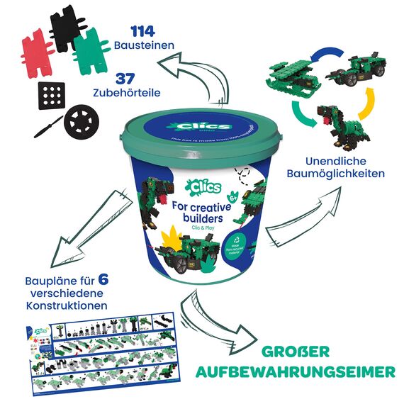 Clics Dino World- Konstruktionsspielzeug für Kinder ab 3 Jahre, kreatives Lernspielzeug im 151 Teile Set, Bausteine für Mädchen und Jungen, Montessori STEM-Spielzeug, Langlebige Spielzeug