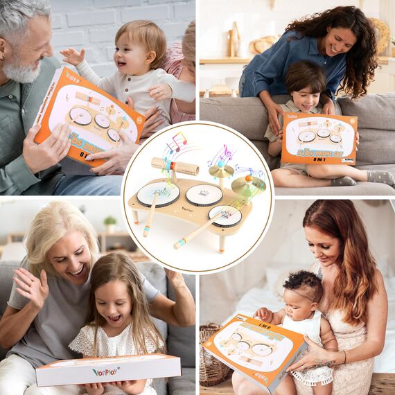 Vanplay Holzspielzeug Schlagzeug Kinder Trommel 8 In 1 Musikinstrumente Kinder Spielzeug ab 3 4 5 Jahre Junge Mädchen Montessori Spielzeug