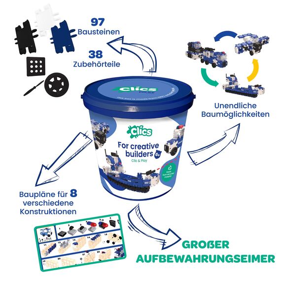 Clics Police Editon- Konstruktionsspielzeug für Kinder ab 3 Jahre, kreatives Lernspielzeug im 135 Teile Set, Bausteine für Mädchen und Jungen, Montessori STEM-Spielzeug, Langlebige Spielzeug