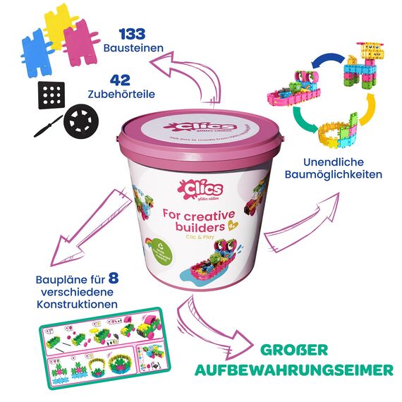 Clics Konstruktionsspielzeug für Kinder ab 3 Jahre, kreatives Lernspielzeug im 175 Teile Set, Glitzer Bausteine für Mädchen, Montessori STEM-Spielzeug, Langlebige Spielzeug aus recyceltem Material